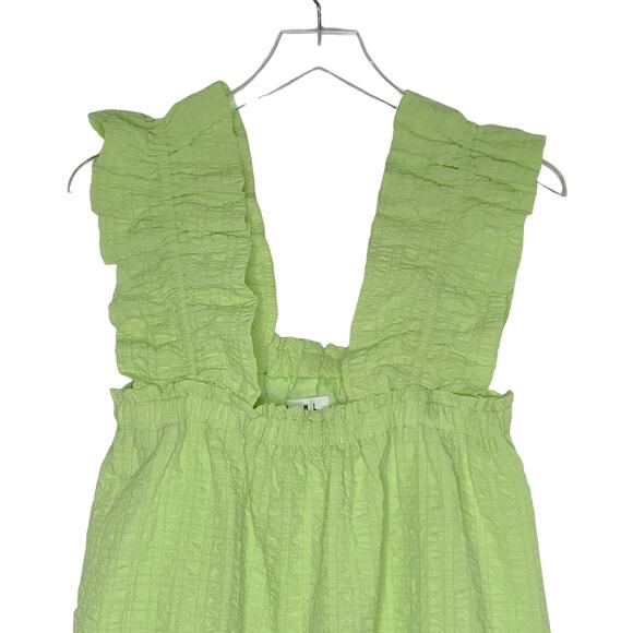 THML M Ruffle Smocked Babydoll Lime Green Seersucker Textured Dress Midi - Picture 4 of 8
